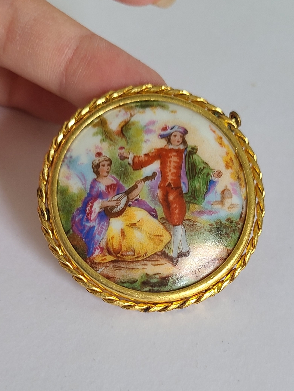 Vintage Limoges P.Paustaud Gold Trim Collectible Porcelain Mini Plate Brooch Pin